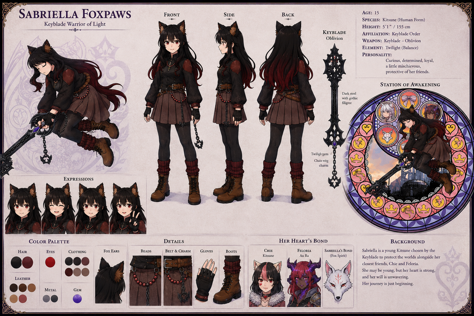 Sabriella Foxpaws character reference sheet with front, side and back views, expressions, equipment and story details
